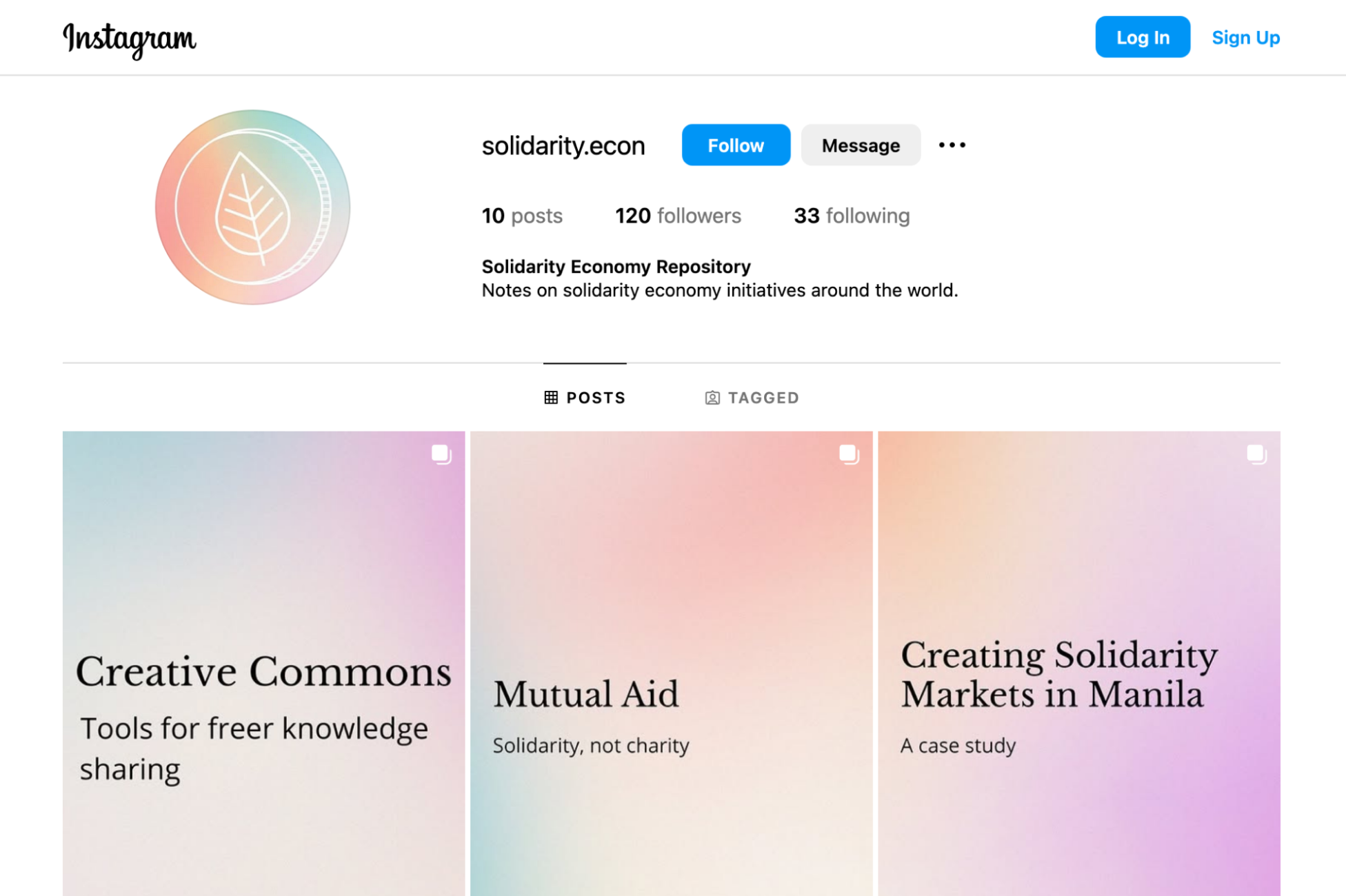 screenshot of an Instagram profile named '@solidarity.econ' with posts titled 'Creative Commons', 'Mutual Aid', and 'Creating Solidarity Markets in Manila'